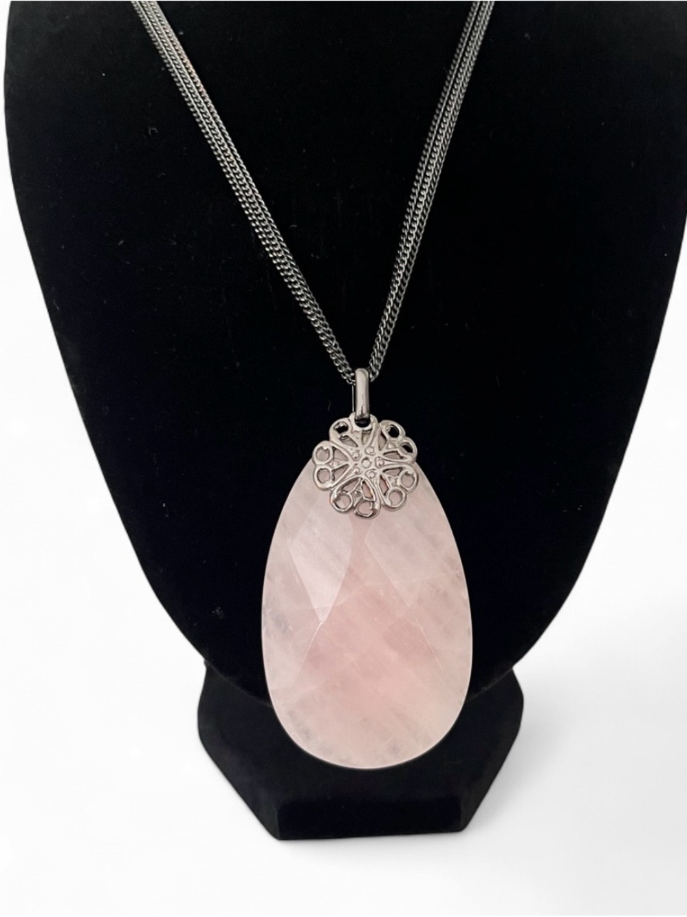Rose Quartz Teardrop Pendant Necklace - Pink Stone on Gun Metal Chain
